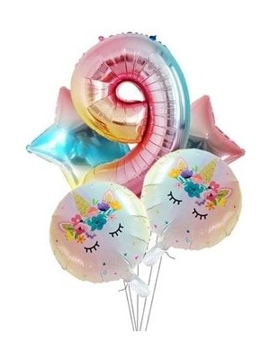 Unicorns Unicorn Tema Balon Seti 102 cm Gökkuşağı Rakam Balon Yıldız ve Yuvarlak Folyo Balon