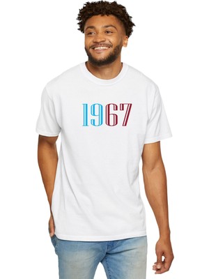 Young Fit Bordo Mavi 1967 Baskılı Erkek Oversize Tişört