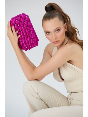 Shub Bags Gümüş Zincirli Fuşya Saten Taşlı Kadın Clutch Portföy