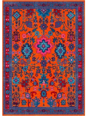 Rugs Modern Etnik Desenli Turuncu Mor Vintage Dokuma Taban Dijital Baskılı Halı Mira 1380