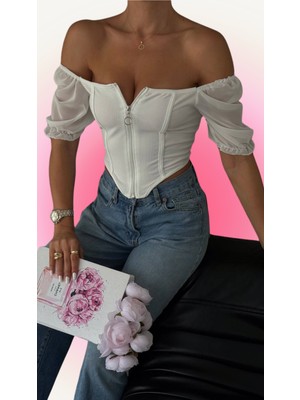 Boom Bester Kolu Şifonlu Fermuarlı Kısa Kol Kadın Crop Bluz Ottoman Kumaş
