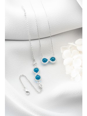 Silvano Jewelry 925 Ayar Gümüş Mavi Taşlı Sonsuzluk Kolye Bileklik Set