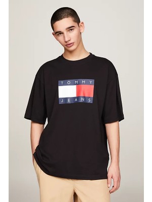 Tommy Hilfiger Erkek Oversize Bayraklı Patenci T-Shirt - Siyah