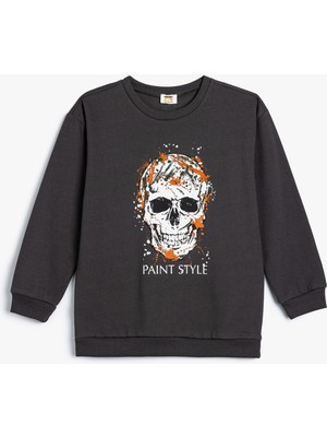 Koton Kuru Kafa Baskılı Uzun Kollu Sweatshirt Erkek Çocuk İçin Bisiklet Yaka Orta Kalınlık