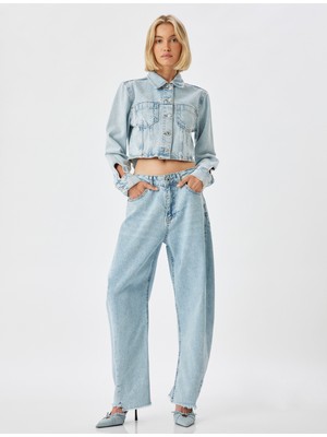 Koton Balon Kot Pantolon Kesik Paça Yüksek Bel Crop Boy Düğmeli Pamuklu - Balon Fit Jean