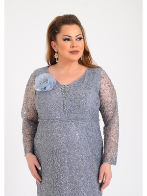 Lilas Xxl Büyük Beden Glitter Baskı Gri Renkli Uzun Kollu Uzun Abiye Elbise