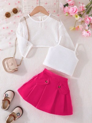 Miniğimin Cicileri Fileli Dabl Etekli Kız Çocuk 3 lü takım - Fuşya