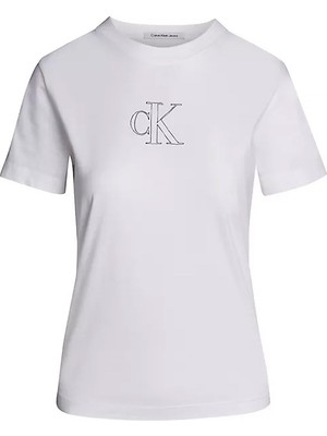 Calvin Klein Kadın Outlıned Ck Regular Tee T-Shirt-Beyaz