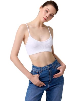 Cottonhill Premium - Kadın Beyaz Seamless Ip Askılı Crop Top Büstiyer