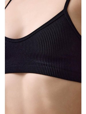 Cottonhill Premium - Kadın Siyah Seamless Ip Askılı Crop Top Büstiyer