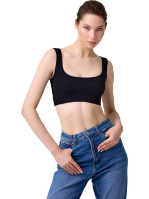 Cottonhill Premium - Kadın Siyah Seamless Kare Yaka Crop Top Büstiyer