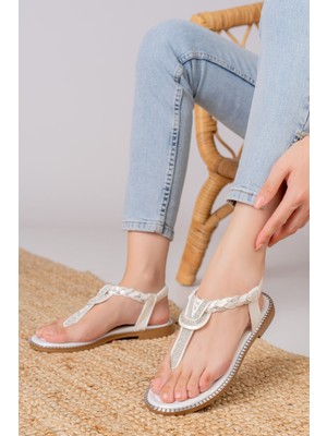 Shemard Minna Taşlı Parmak Arası Beyaz Sandalet