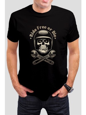 Kuru Kafa Motor Baskılı Siyah Tişört C948