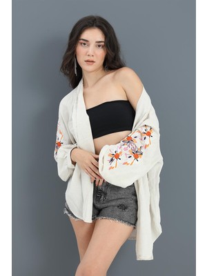 Shemard Kimono Reglan Kol Nakışlı Keten - Taş