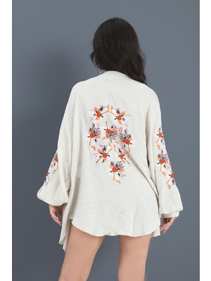 Shemard Kimono Reglan Kol Nakışlı Keten - Taş