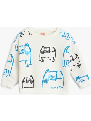 Koton Sweatshirt Bisiklet Yaka Köpek Baskılı Uzun Kollu Pamuklu