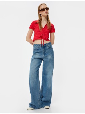 Koton Crop Polo Yaka T-Shirt Önden Büzgülü Bağlamalı Dokulu