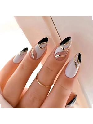 Trend Vitrin Oval Siyah Beyaz Altın Desenli Nail Art Oval Badem Kadın Takma Tırnak Protez Tırnak Set Yapıştırıcı ve 1 Adet Törpü Hediyeli