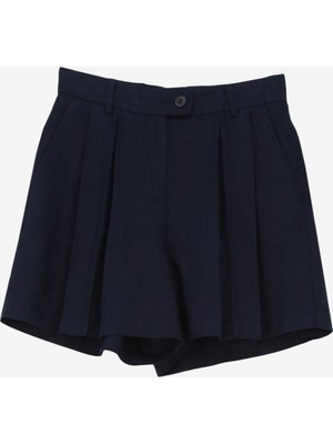 Sisley Lacivert Kadın Yüksek Belli Geniş Fit Keten Şort 4AGHL9013