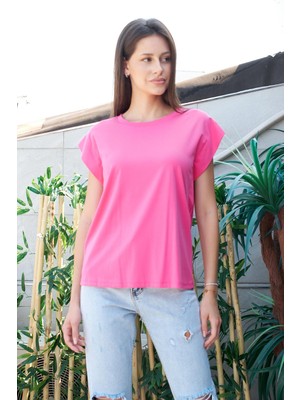Jument Şık Likralı Span Kumaş Kolsuz Geniş Sıfır Yaka Düşük Omuzlu Basic Tshirt Bluz-Fujya
