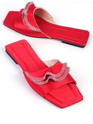 Shoetek Kathleen Kadın Terlik Taşlı Kırmızı Saten