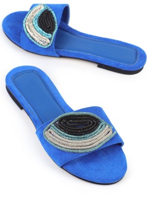 Shoetek Linya Kadın Terlik Göz Taşlı Saks Mavi Süet