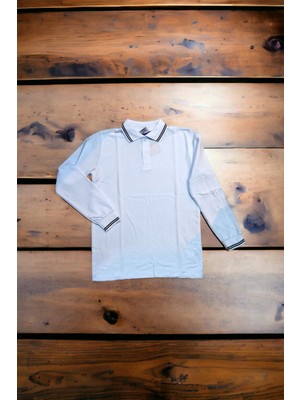 Salar Ticaret Polo Yaka Tişört Çocuk Uzun Kol Siyah Çizgi Yaka Beyaz Okul Tişört/T-Shirt