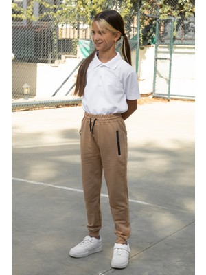 Krem Fermuar Cepli Kız Çocuk Okul Eşofman Altı 19198