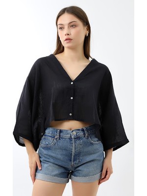 Lavinza Keten Oversize Crop Kesim Gömlek