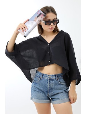 Lavinza Keten Oversize Crop Kesim Gömlek