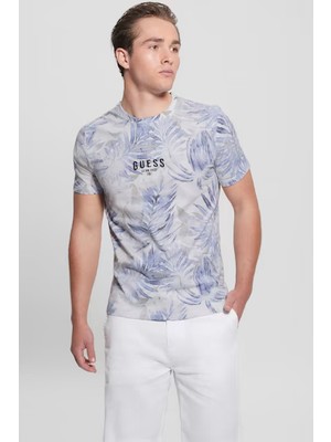 Erkek Guess Çiçek Desenli T-Shirt - Mavi