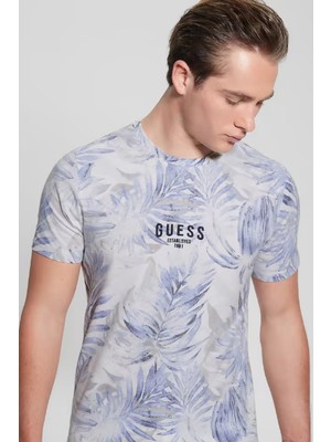 Erkek Guess Çiçek Desenli T-Shirt - Mavi