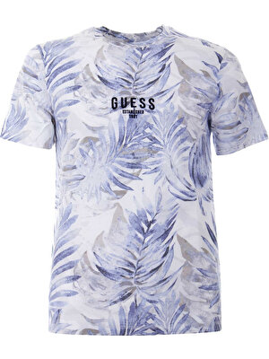 Erkek Guess Çiçek Desenli T-Shirt - Mavi