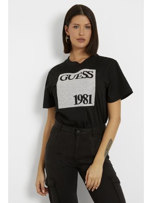 Kadın Guess Önde Logo T-Shirt - Siyah