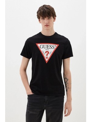 Erkek Guess Ss Bsc Önde Üçgen Logolu T-Shirt - Siyah