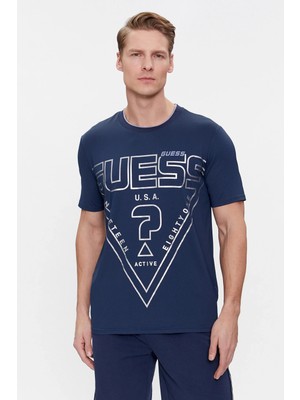 Erkek Guess Üçgen Desenli T-Shirt / Mavi