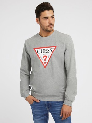 Guess Üçgen Logolu Erkek Sweatshirt-Gri Melanj