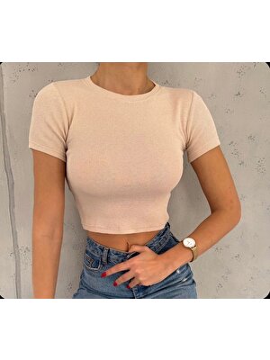 Kadın Crop Bisiklet Yaka T-Shirt (Krem)