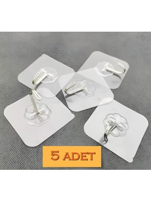 ALMITAL 5 Adet 6x6 cm Şeffaf Kendinden Yapışkanlı Kancalı Suya Dayanıklı Güçlü Askı