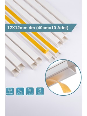 Odta 4 Metre (12X12MM) Kedinden Yapışkanlı Kablo Kanalı | 4m (10 Adet x 40CM) Kablo Gizleyici