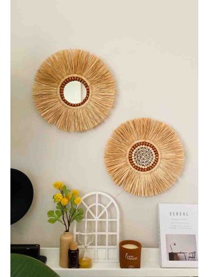 Hasır Dükkanı El İşçiliği Rafya Duvar Dekoru Ahşap Boncuk ve Deniz Kabuğu ile Şık Tasarım