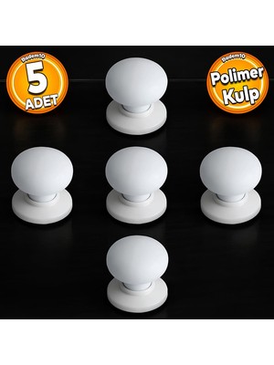 Badem10 Polimer Düğme Beyaz Tablalı Mobilya Mutfak Dolabı Çekmece Dolap Kapak Kulbu 5 Adet