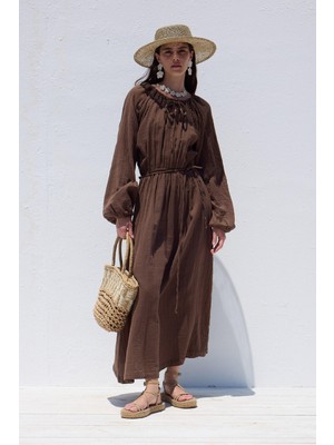 Manuka Bağlama Detaylı Muslin Elbise Kahverengi