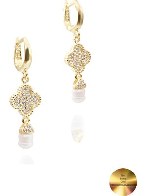 18K Serie Oro Sallantılı Hakiki Incili Yonca Gümüş Küpe