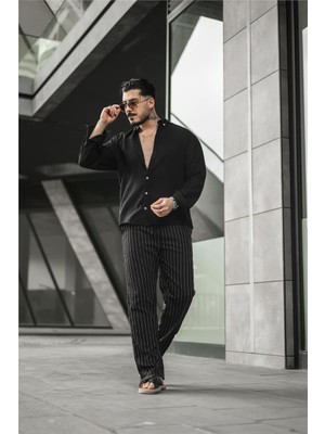 Outfit-Man Erkek Çizgili Baggy Pantolon Siyah