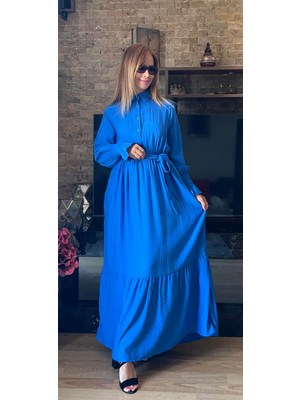 Çilek Dokuma Kemerli Kol Büzgü Detaylı Gömlek Yaka Elbise