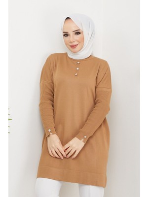 Pamuk Butik Kadın Merserize Taş Detaylı Triko Tunik Açık Vizon