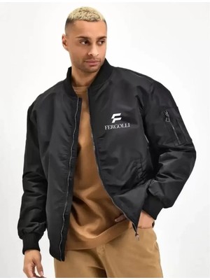 Koflandy Unisex Uzun Kol Baskılı Bomber Ceket - Siyah