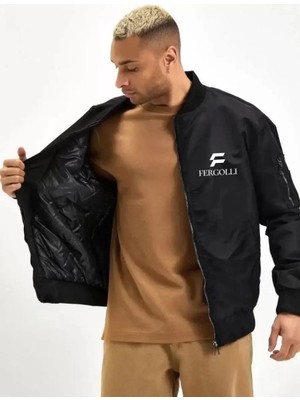 Koflandy Unisex Uzun Kol Baskılı Bomber Ceket - Siyah