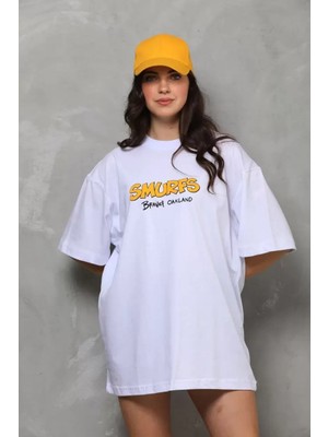 Koflandy Unisex Bisiklet Yaka Baskılı Oversize T-Shirt - Beyaz